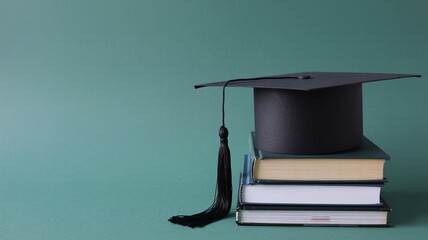 A black graduation cap rests atop a stack of books against a green background, symbolizing academic achievement.