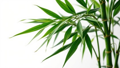 Fototapeta premium A close-up view of a vibrant bamboo plant, its green leaves and stems standing out against a bright backdrop. The image emphasizes the plant's natural beauty and the texture of its components.