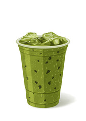 Iced matcha milk cup vector illustration with plastic cup and straw isolated on white background refreshing green tea drink design