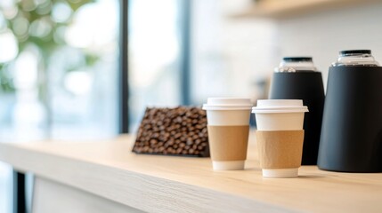 Two disposable coffee cups with sleeves on a cafe counter next to coffee beans and coffee dispensers. Concept of coffee break, cafe culture, morning routine.