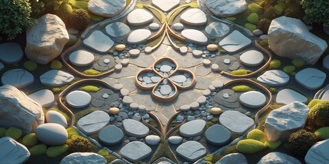 Fototapeta premium Stone mosaic design with pebbles and plants in a serene garden 