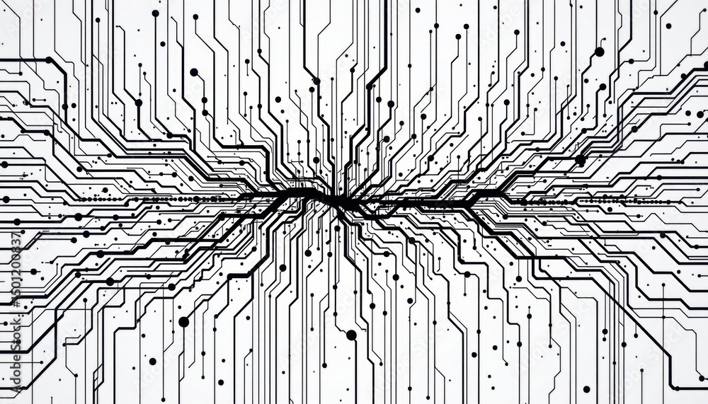 Poster a digital circuit board design showing complex interconnections and network systems
