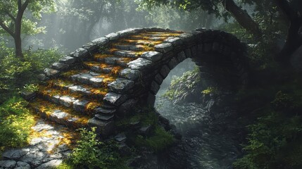 Stone bridge spans a gentle stream in a lush, green forest setting with dappled sunlight