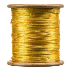 Gold thread on wooden spool isolated on transparent background