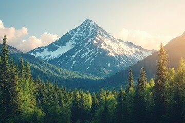 Obraz premium Majestic mountain peak rises above a lush forest valley.
