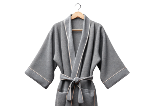 Gray robe on wood hanger isolated on transparent background