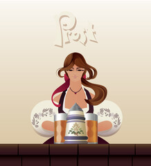 German young woman character with beer stein welcome guest