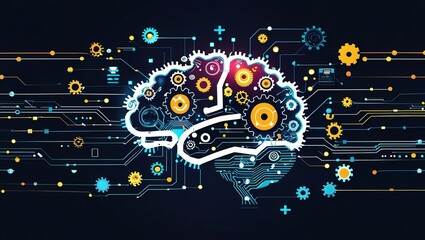 AI Brain Made of Gears and Circuits - Flat Tech Vector