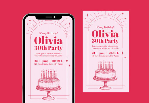 Minimal Red Lines Birthday Party Digital Invitation