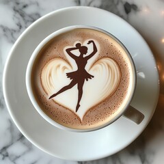 Ballet dancer silhouette latte art in heart-shaped foam on cappuccino – ideal for coffee shop promotions, morning inspiration, or dance-themed content
