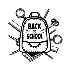 Black and white graphic of a school backpack with Back to School lettering and surrounded by stationery. Perfect for educational, promotional or design projects.