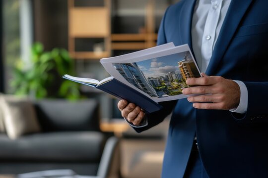 Real estate agent holding premium property brochure, modern office environment with soft corporate lighting - Powered by Adobe