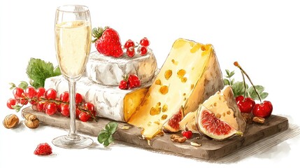 Cheese  Champagne Gourmet Delight on Wooden Board with Fresh Berries.