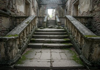 Obraz premium Ancient Stone Staircase in Ruined Building with Light and Shadow Photo