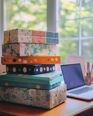 Stack of colorful decorative storage boxes on a home office desk with laptop – perfect for organization, remote work, or back-to-school content