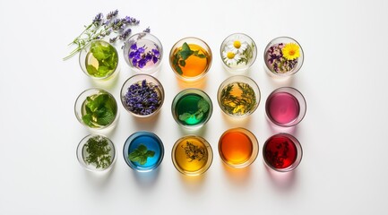 Vibrant assortment of herbal teas in colorful glass cups on white background for wellness, spa, and natural lifestyle themes