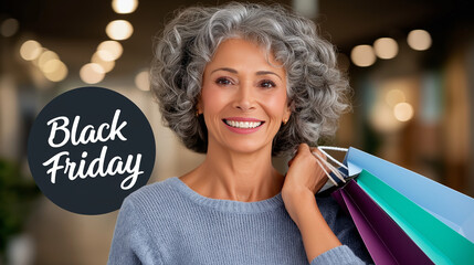 Joyful older woman with excitement holding bright shopping bags, celebrating Black Friday