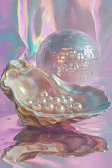 Glamorous oyster shell with pearls and disco ball on iridescent background – perfect for luxury branding, fashion editorials, party invites, or surreal art projects