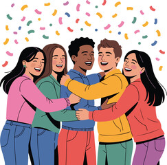 best friends forever group people hugging together and pose take portrait inside instant photo paper for happy youth friendship day cartoon doodle style vector illustration
