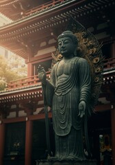 Fototapeta premium Bronze Buddha Statue in Front of Temple in Daylight Photo