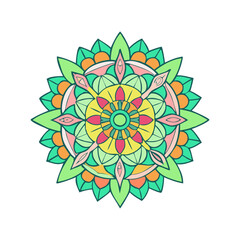 A vibrant mandala featuring geometric shapes and organic forms in pastel shades