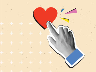 Black and white hand press a heart-shaped red button. Modern collage style. Vector illustration