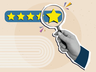 Hand with a magnifying glass look at the fifth star in a row. User experience. Service rating. Modern collage style. Vector illustration