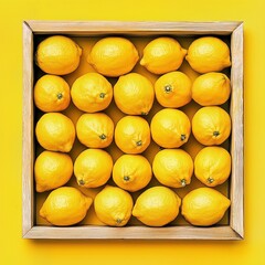 Fresh yellow lemons neatly arranged in a wooden crate on a vibrant yellow background