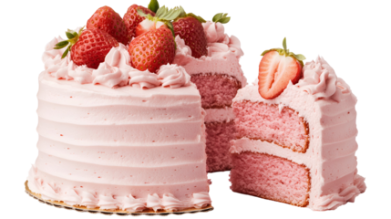 Layered pink cake slice adorned with strawberries and cream cheese frosting presented on a plate.