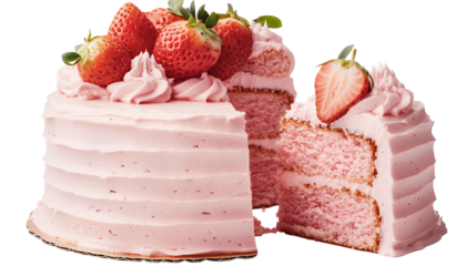 Layered pink cake slice adorned with strawberries and cream cheese frosting presented on a plate.