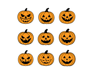 Halloween Pumpkin Vector Set - Pumpkin Patch, Spooky, Pumpkin Clipart, Scary, Cute Jack-o'-Lantern Faces for Halloween, Party Decorations and Autumn Designs.