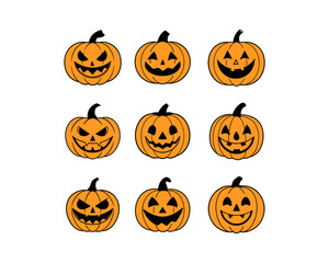 Halloween Pumpkin Vector Set - Pumpkin Patch, Spooky, Pumpkin Clipart, Scary, Cute Jack-o'-Lantern Faces for Halloween, Party Decorations and Autumn Designs.