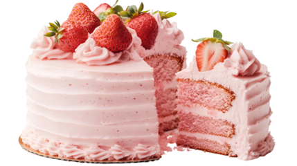 Layered pink cake slice adorned with strawberries and cream cheese frosting presented on a plate.