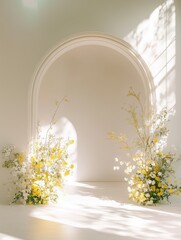 Elegant floral wedding arch in sunlit interior representing romance, ceremony beauty, purity, celebration and timeless love concept