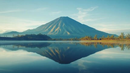 Volcanic mountain reflected in a still lake, dramatic composition with clear sky and cinematic balance