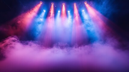Fototapeta premium Stage lights shine, with purple haze and fog adding ambiance