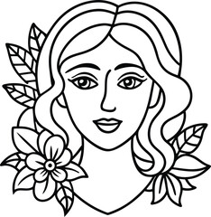 line art woman with flowers. Minimal artistic female portrait. Modern minimal black and white botanical illustration.