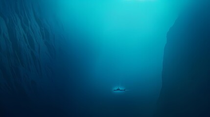 Deep ocean trench with a lone shark, exploring the mysteries of the underwater world.  Concept of solitude, exploration, and the unknown.