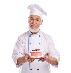Professional pastry chef with delicious cake on white background