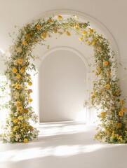 sunlit floral arch with yellow blossoms in minimalist interior &mdash; perfect for wedding themes, spring promotions, event d&eacute;cor visuals