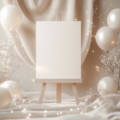 soft neutral celebration scene with blank canvas on easel, glowing lights and balloons &mdash; perfect for invitations, event templates, branding mockups