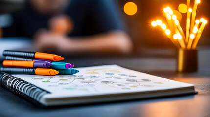 Notebook with hand-drawn mind map and colored markers