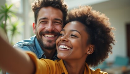Fototapeta premium Joyful couple taking a selfie in a bright, cozy setting