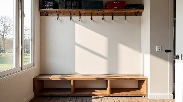Entryway mudroom design ideas: modern bench with hooks and storage for home organization