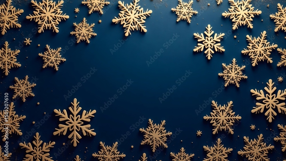 Poster glittering golden snowflakes on a navy blue background, creating a festive and elegant visual. the i