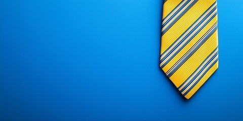 yellow striped tie on bright blue background creating bold contrast, suitable for business themes, corporate branding, men’s fashion ads, and minimalist visuals