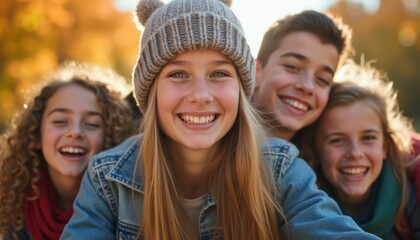 Obraz premium Joyful group of friends smiling in autumn