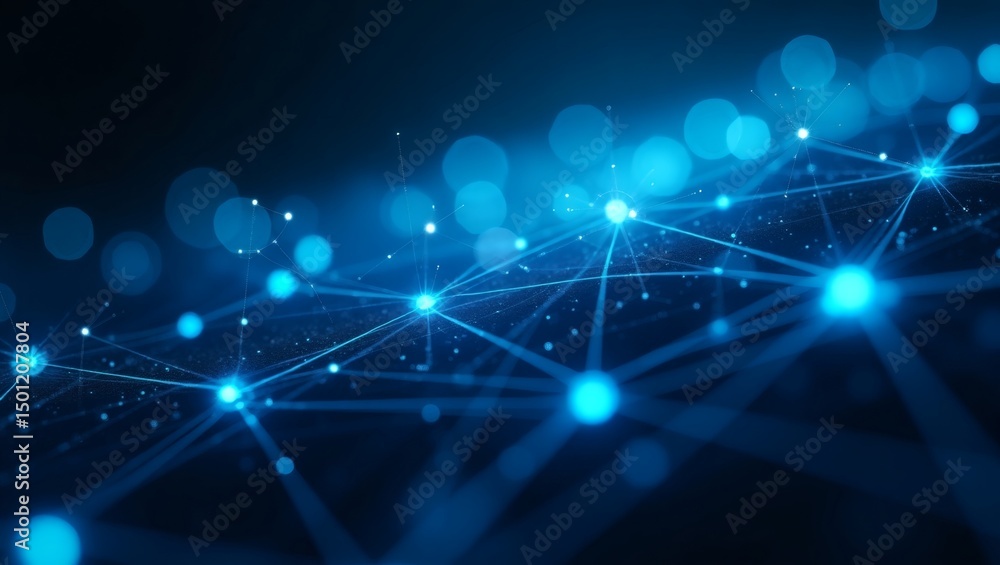 Poster Abstract depiction of a digital network, with interconnected nodes and lines glowing against a dark backdrop. This image represents the complexity of modern digital connections.