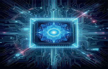 Futuristic quantum technology scene featuring a glowing blue portal emerging from a high-tech circuit motherboard.