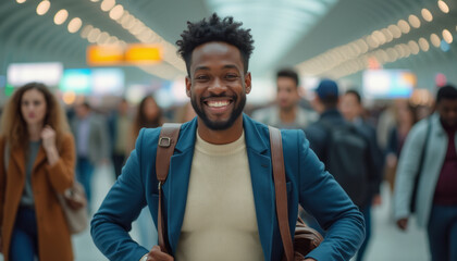 Smiling man in a busy airport terminal